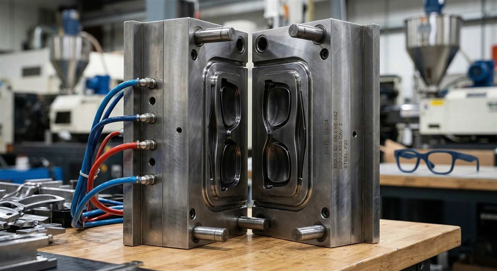 Expensive steel injection molds for eyewear manufacturing compared to cost-effective 3D printing. Expensive steel injection molds for eyewear manufacturing compared to cost-effective 3D printing.