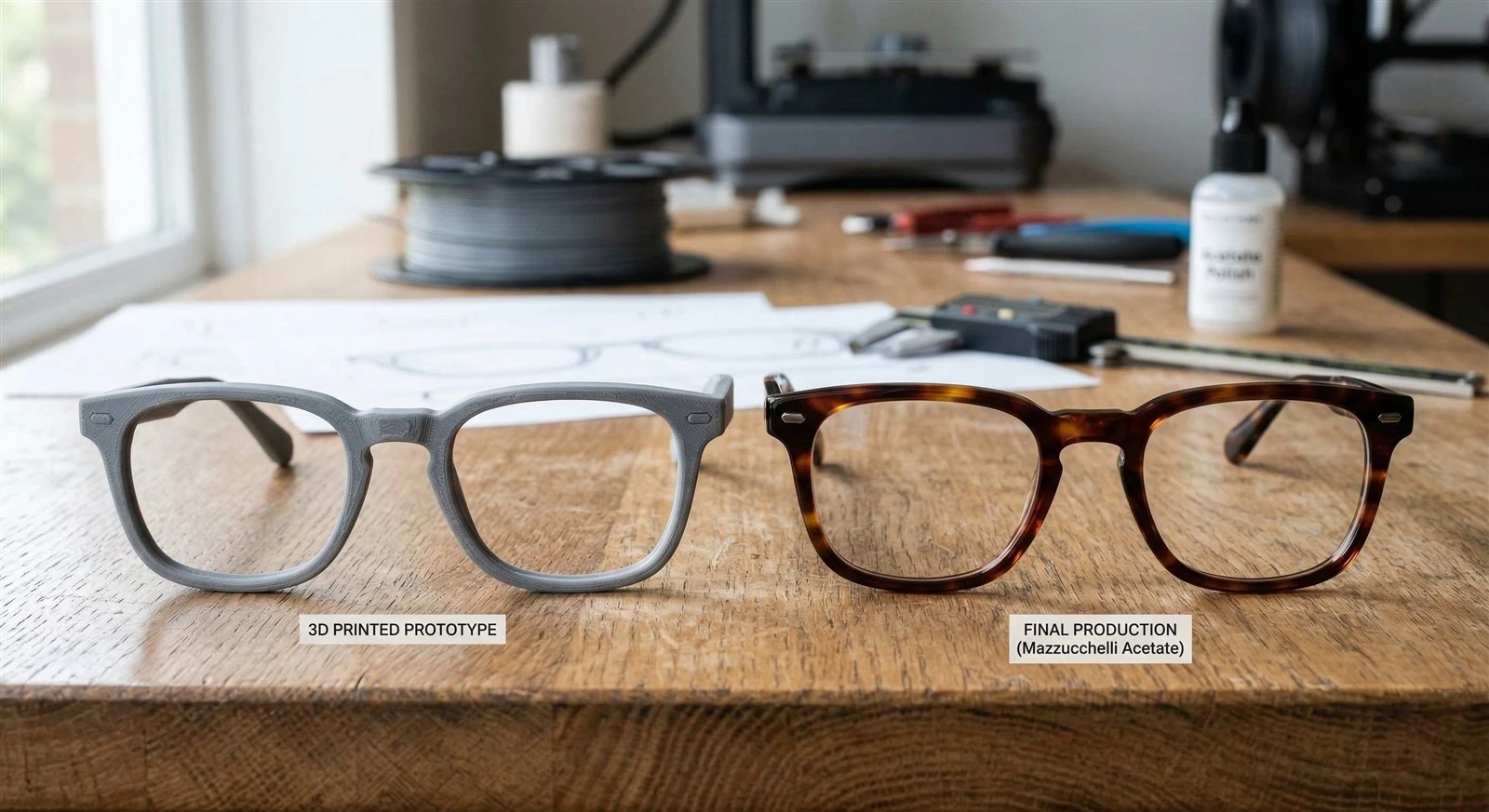 Seamless transition from 3D printed glasses prototype to premium mass-produced Mazzucchelli acetate frames by Finewell Eyewear. Seamless transition from 3D printed glasses prototype to premium mass-produced Mazzucchelli acetate frames by Finewell Eyewear.